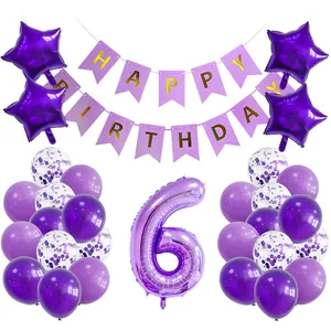 Detail eines lila 6. Geburtstag Ballonset mit Sternfolie und Latexdekorationen
