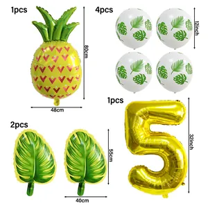 Kit ballons fête hawaïenne avec ananas, feuilles de palmier et chiffre 5 doré