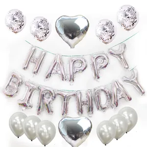Kit de ballons Happy Birthday argent avec cœurs en alu et ballons à confettis brillants