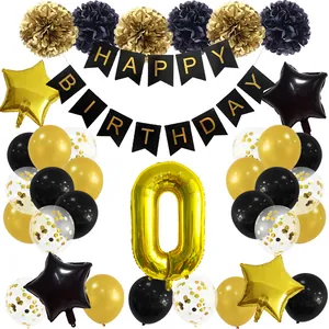 Detailed set of black and gold birthday party decorations with balloons and paper flowers