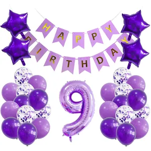 Details zum lila Geburtstag-Set mit Nummer 9 Ballon, Sternen und Latex-Ballons