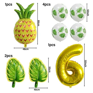 Détails du kit de ballons d'Hawaï avec ananas, feuilles et ballon doré numéro 6