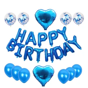Kit ballons anniversaire bleu avec étoiles en aluminium, confettis et ballons en latex