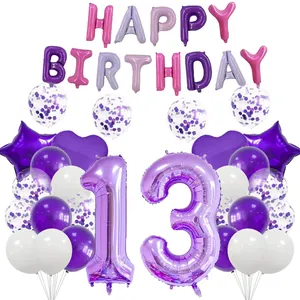 Détail du kit ballons 13e anniversaire violet et rose avec étoiles et ballons latex