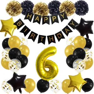 Black and gold birthday set with banner, star balloons, and large number 6 balloon