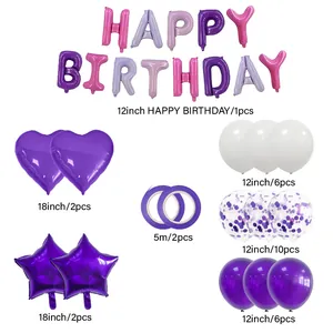 Kit ballons anniversaire violet et blanc avec lettres aluminium et cœurs étoiles
