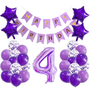 Lila Geburtstagsparty-Set mit Folienballon Zahl 4 und Happy Birthday Banner