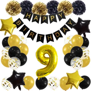 Detailed black and gold 9th birthday party kit with foil balloons and paper flowers