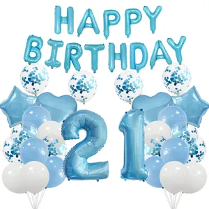 Close-up of 21st birthday party balloon set with blue foil letters and sequins