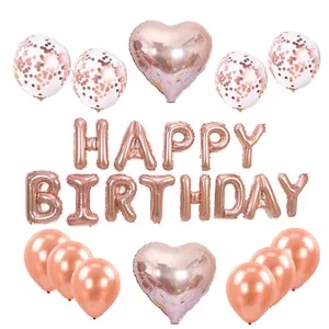 Kit d'anniversaire or rose avec lettres en aluminium, ballons cœur et ballons à paillettes