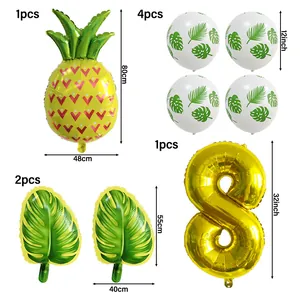 Détails du kit de ballons fête hawaïenne avec ananas, feuilles et chiffre 8 doré