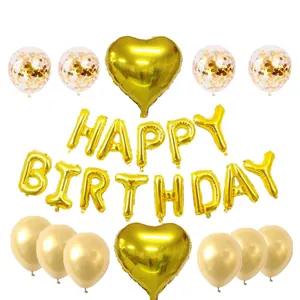 Détails du kit de ballons Happy Birthday dorés avec confettis et ballons en forme de cœur