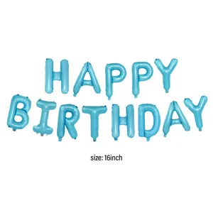 Blue 16-inch HAPPY BIRTHDAY foil balloon set with metallic texture and size details