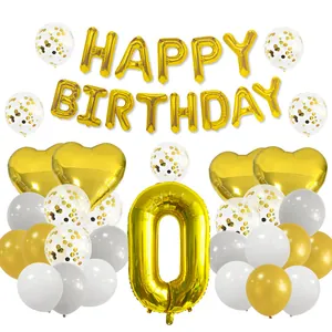 Detailed set of gold Happy Birthday foil letters, number zero balloon, and confetti latex