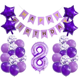 Detail-Set für den 8. Geburtstag in Lila mit Sternballons und Konfetti-Latexballons