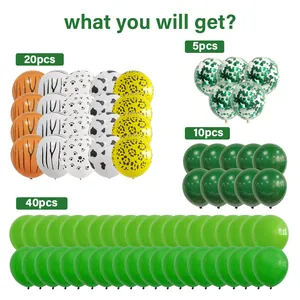 Detalle del set de 75 globos con temática de bosque con patrones animales y látex verde