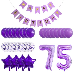 Deko-Set zum Geburtstag in Lila mit Happy Birthday Banner und Folienballon Zahl 75