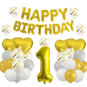 Detailed set of 1st birthday party balloons with gold foil letters and confetti latex