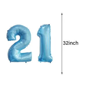 Detailed 32-inch light blue aluminum foil number 21 balloons for birthday party decor