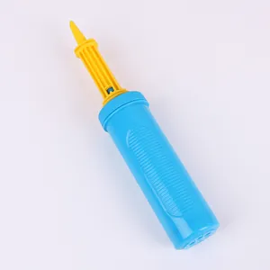 Manual plastic balloon pump in blue and yellow for party decorations and celebrations