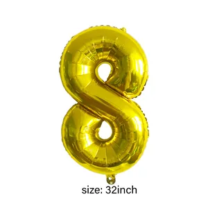 Detailed view of 32 inch golden number 8 foil balloon with metallic finish for parties