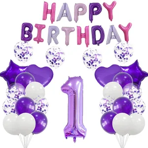 Kit de ballons premier anniversaire violet avec chiffre un et bannière Happy Birthday