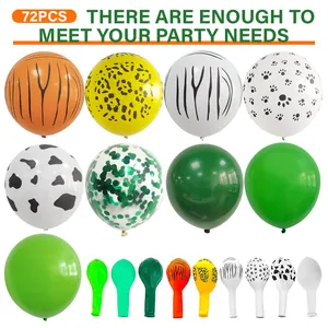 Set de 72 globos de selva con estampados de animales y globos con confeti verde