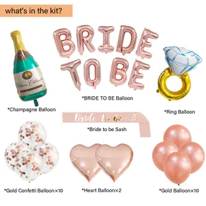 Kit dettagliato con palloncini Bride To Be, anello, bottiglia champagne e palloncini in lattice
