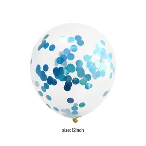 Detail of 12-inch clear latex balloon filled with decorative blue round sequins