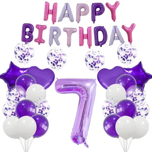 Kit de ballons 7ème anniversaire avec chiffre sept violet et bannière Happy Birthday
