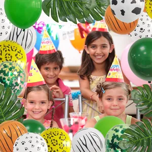 Kit decoración fiesta jungla safari con globos de animales y hojas de palma verdes