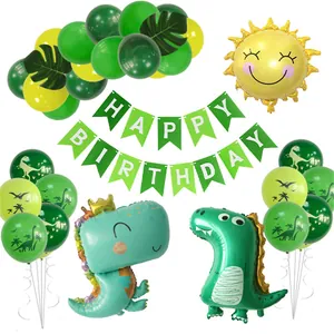 Ensemble de Décoration de Fête d'Anniversaire sur le Thème des Dinosaures Ballons en Aluminium Verts Avec Ballons de Dinosaure Soleil Latex Bannière de Feuilles de Monstera