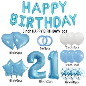 Sky blue 21st birthday party balloon set with foil letters and confetti latex balloons