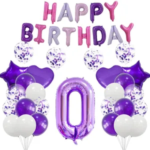 Vue détaillée du kit ballons d'anniversaire violets avec chiffre et décorations latex