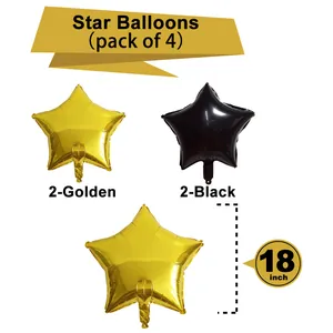 Set of four 18-inch star shaped foil balloons in elegant gold and black metallic finishes
