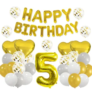 Detailed set of 5th birthday party balloons with golden letters and latex decorations