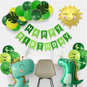 Kit décoration anniversaire dinosaure avec ballons en latex, aluminium et bannière verte