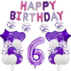 Détail du kit ballons 6e anniversaire violet avec lettres alu et étoiles cœurs