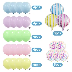 Detailed view of donut party balloon set with macaron latex and striped foil balloons