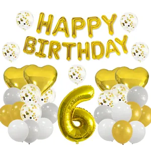 Gold 6th birthday balloon set with happy birthday letters and sparkling confetti balloons