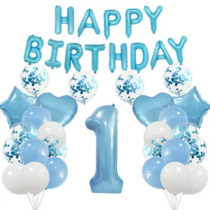 Blue and white 1st birthday balloons set including letters, number 1 and star shapes