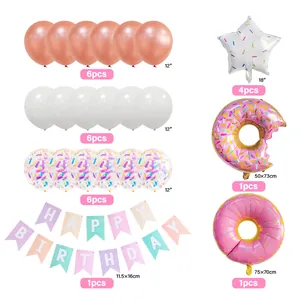 Detail set of donut party balloons and colorful Happy Birthday banner with dimensions
