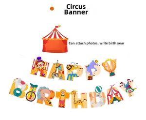 Customizable Circus Happy Birthday banner with slots for photos and ages
