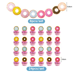 Detail of donut party banner and 24 cupcake toppers with dimensions for birthday decor