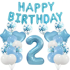 Blue 2nd birthday party set featuring foil star heart balloons and confetti latex balloons