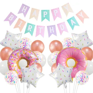 Donut Theme Birthday Party Banner And Foil Star Latex Balloons Macaron Happy Birthday Decoration Supplies For Kids Party