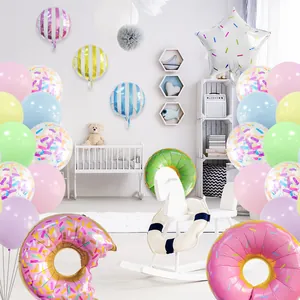 Donut themed party balloon set with colorful foil donuts and pastel latex balloons for birthday