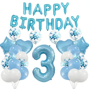 Blue and white 3rd birthday party balloon set with foil letters and sequin latex balloons