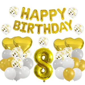 Detail view of gold Happy Birthday foil balloons with number 8 and confetti latex set