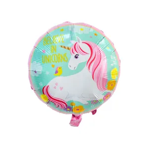 Detail of round unicorn foil balloon with Believe in Unicorns text and rainbow motifs